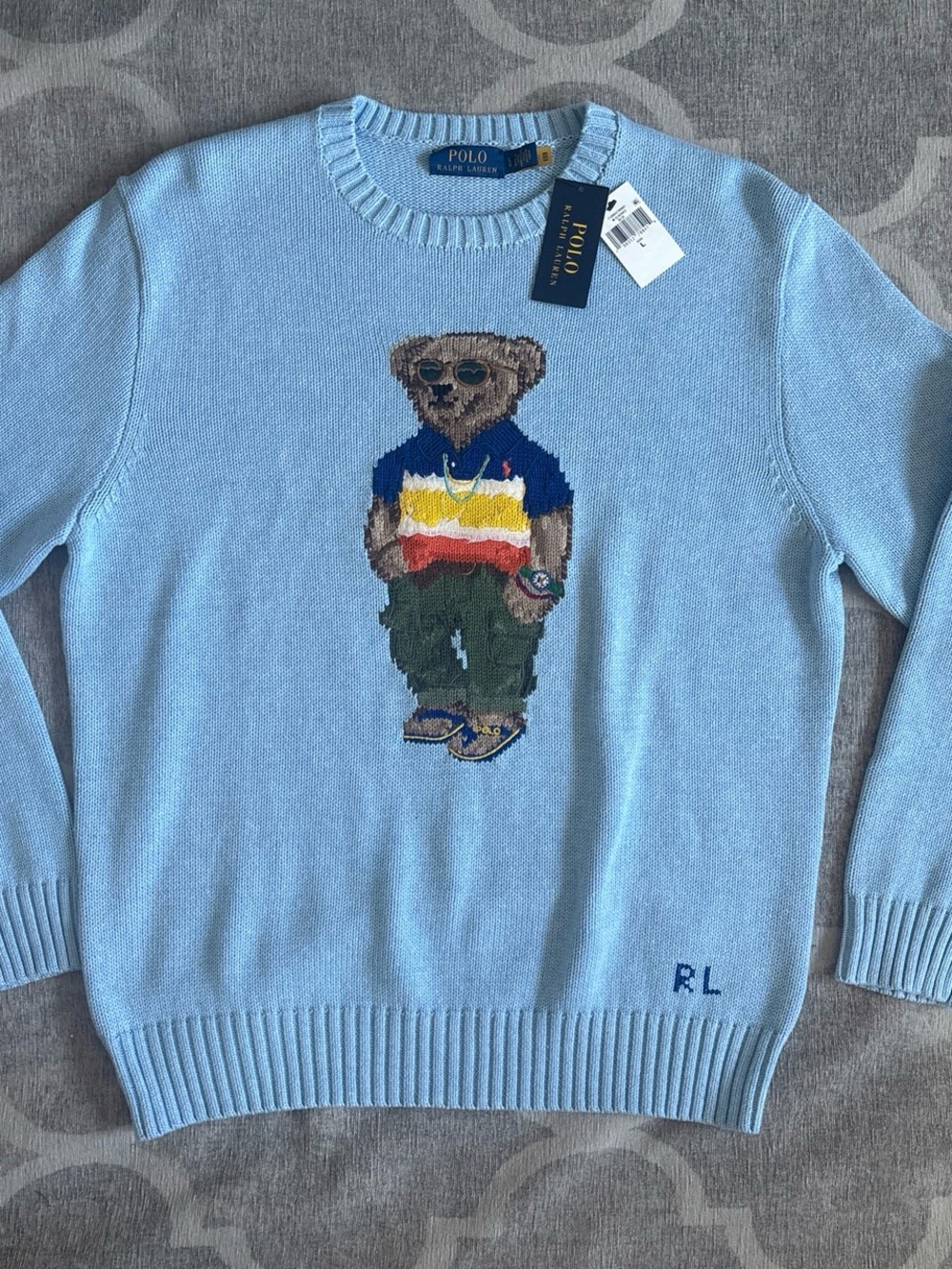 NWT Polo Ralph Lauren Light Blue Bear Intarsia Crewneck Sweater